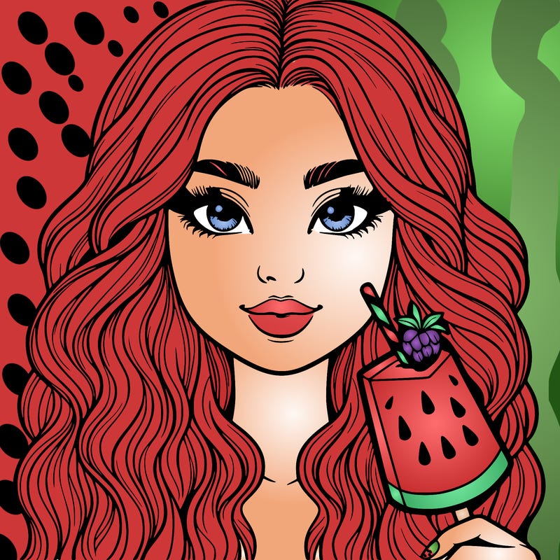 realistic girl face in the summer with wavy long hair and an watermelon icy pole
