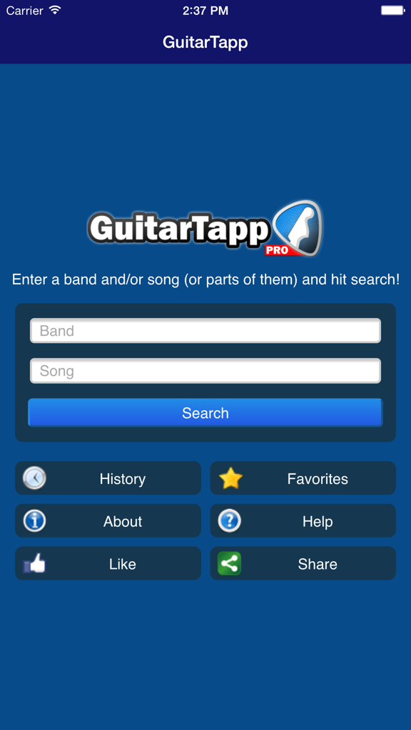 GuitarTapp PRO - Tabs & Chords - Home screen of the GuitarTapp PRO app showing search fields for band and song names along with menu buttons