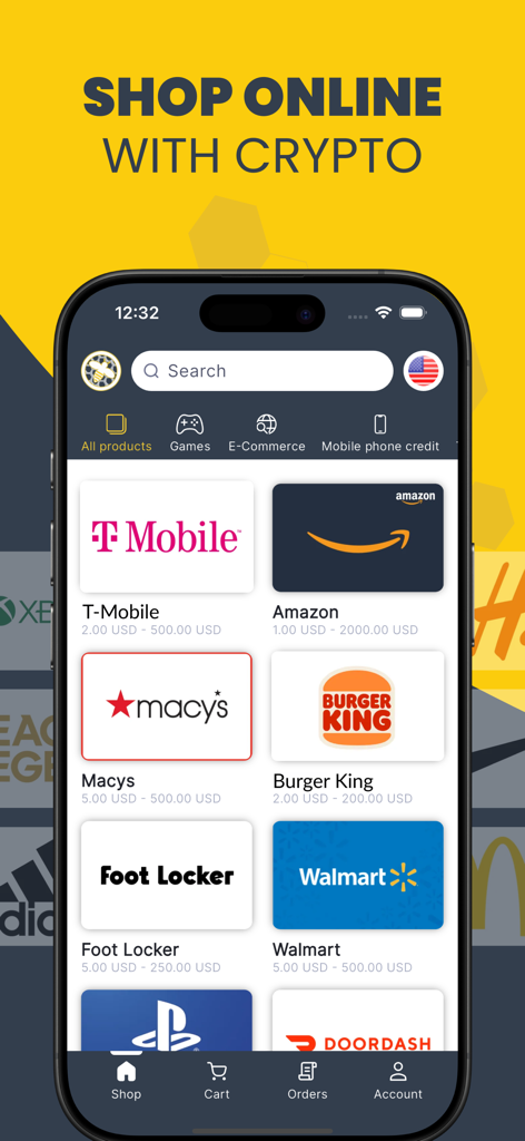 CoinsBee - CoinsBee mobile app interface for purchasing gift cards with cryptocurrency