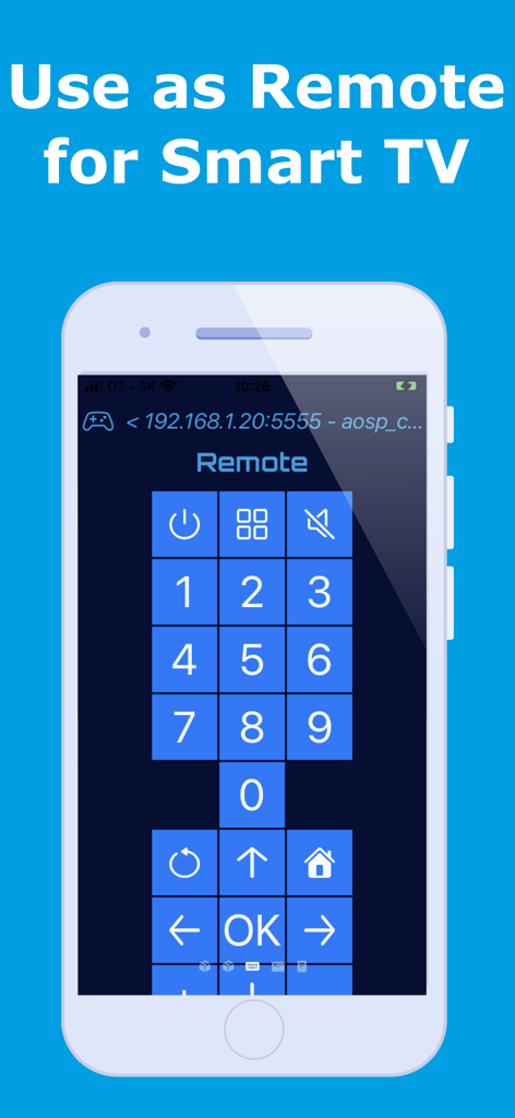 Bugjaeger - Mobile ADB - Bugjaeger app interface showing a virtual remote control for a Smart TV on an iPhone