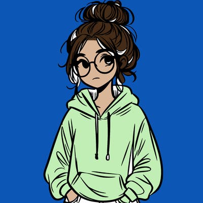 teen girl with a messy bun and glasses wearing a loose hoodie and jeans