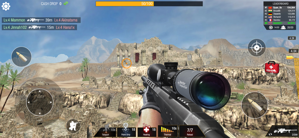 first person view of a sniper rifle aiming at desert ruins in Sniper 3D Bullet Strike PvP gameplay