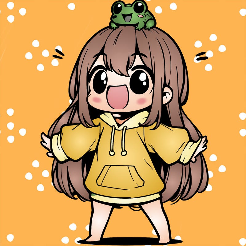 a excited chibi girl whith long hair and a baggy shirt whith a frog on there head