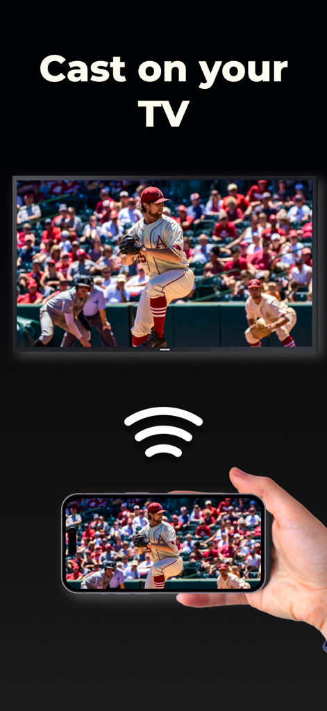 Eine Hand, die ein Smartphone hält und ein Live-Baseballspiel auf einen großen Fernsehbildschirm überträgt