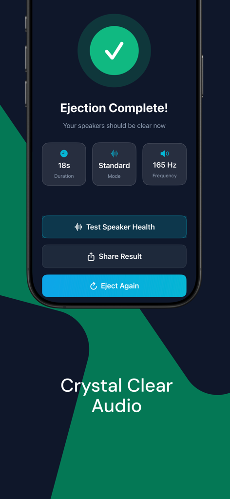 Clear Wave: Eject Water - Clear Waveアプリのインターフェース。水排出完了とスピーカーの健康状態が表示されています。
