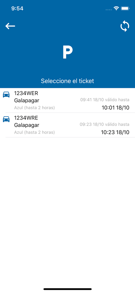 Presto Parking - Interfaz de la aplicación Presto Parking que muestra una lista de tickets de aparcamiento activos con matrículas y horas de caducidad en Galapagar