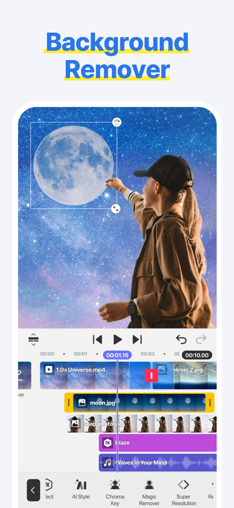 Spring - Video Editor - Spring video editor app interface showing the background remover feature with a girl and galaxy background