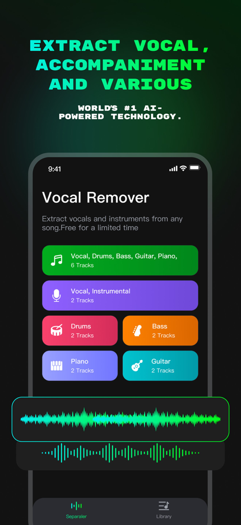 Vocal Remover by island - island의 보컬 제거기 앱 인터페이스가 보컬 및 악기 추출을 위한 AI 옵션을 보여줍니다.