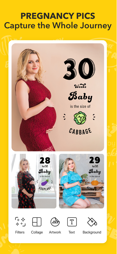 Baby Photo Editor: Pic Journal - Fotos de hitos de embarazo con comparaciones de tamaño de bebé y obras de arte de verduras en el Editor de Fotos de Bebé