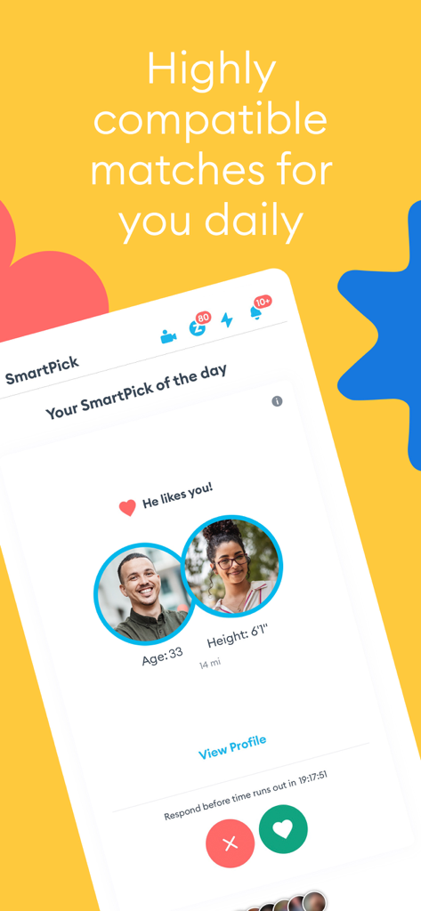 Zoosk - Social Dating App - Recurso SmartPick do aplicativo de namoro Zoosk mostrando uma sugestão de correspondência diária compatível