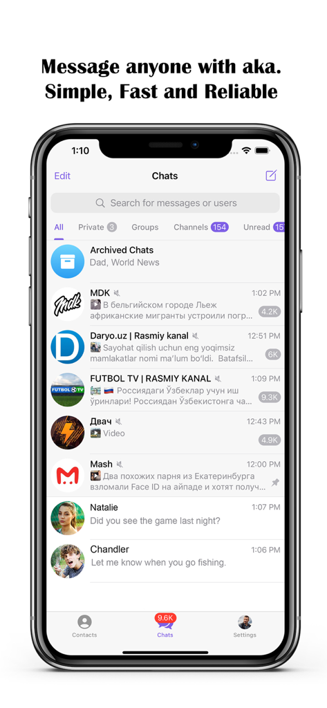 The main chat screen of the aka messaging app showing a list of conversations and category tabs