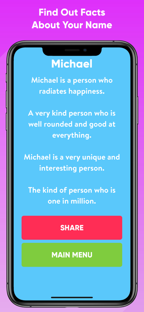 Screenshot of the My Name Meaning app showing personality facts for the name Michael