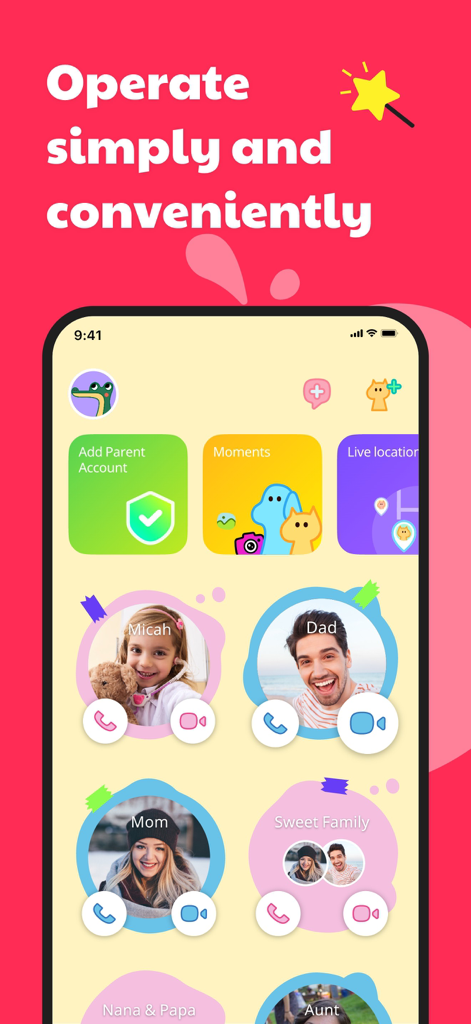 JusTalk Kids app home screen showing a simple and colorful user interface with family contacts and parent account settings.