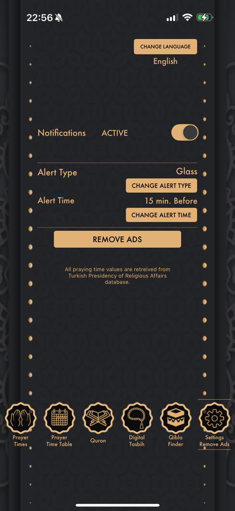 Muslim Prayer Times app settings screen with notification and alert options