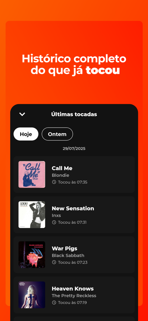 Interface do aplicativo Hunter FM exibindo uma lista de músicas tocadas recentemente