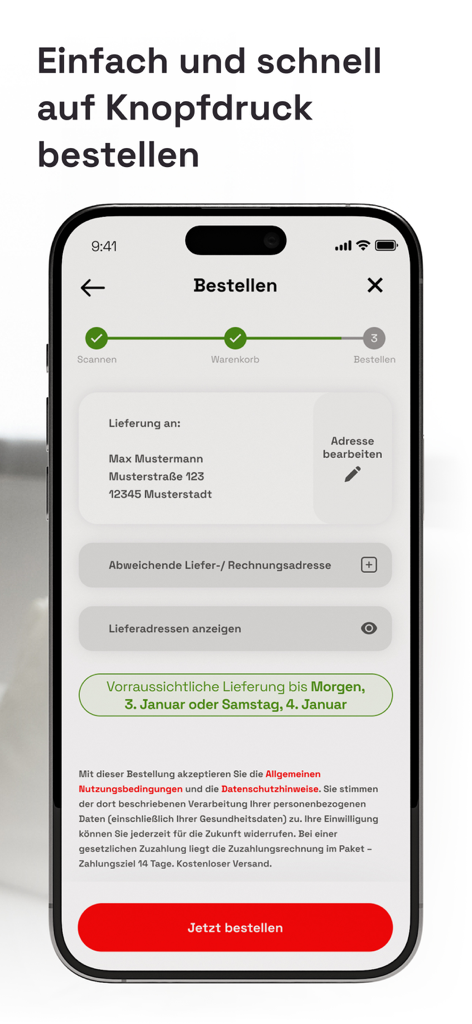 E-Rezept APP - Mobile app screen showing the final order step for an electronic prescription with delivery address and order button