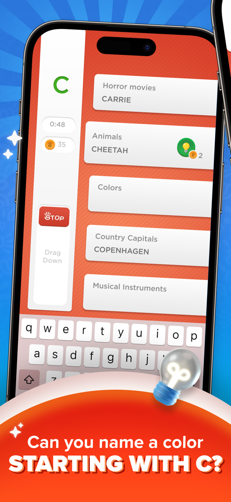 Stop - Categories Word Game - ストップカテゴリー単語ゲームのゲームプレイ。文字Cの動物やホラー映画などのカテゴリーが表示されています。