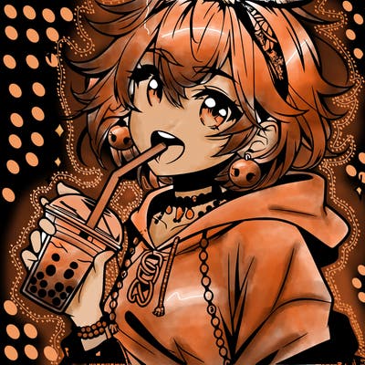 hot baddie anime girl drinking boba and biting the straw