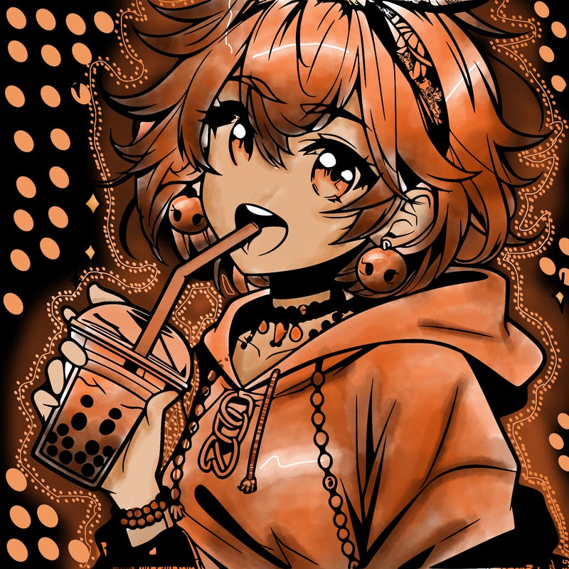 hot baddie anime girl drinking boba and biting the straw