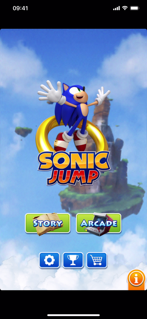 Sonic Jump™ - Sonic Jump Hauptmenü mit Sonic the Hedgehog und Buttons für Story- und Arcade-Modi