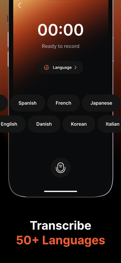 Whisper AI | Voice to Text - Whisper AI app screen showing multi-language recording and transcription support for over 50 languages
