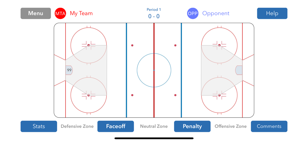 Interactive hockey rink dashboard for tracking live game statistics faceoffs and penalties
