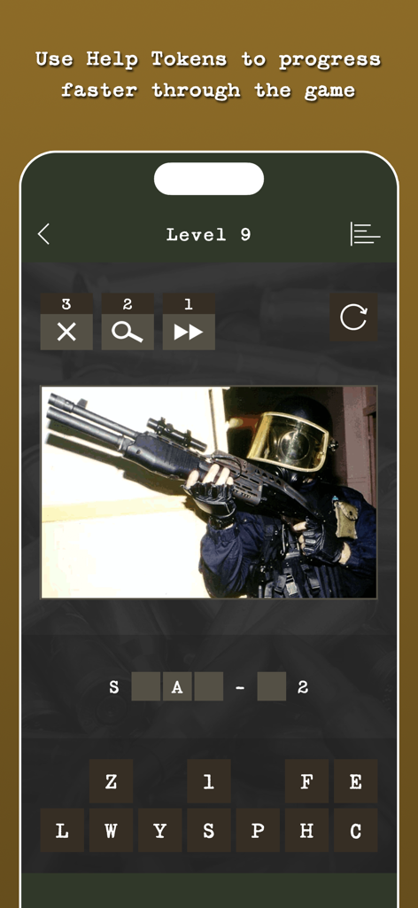 Guess the Modern Firearm - Gameplay screenshot of Guess the Modern Firearm showing help tokens and a tactical weapon quiz level.