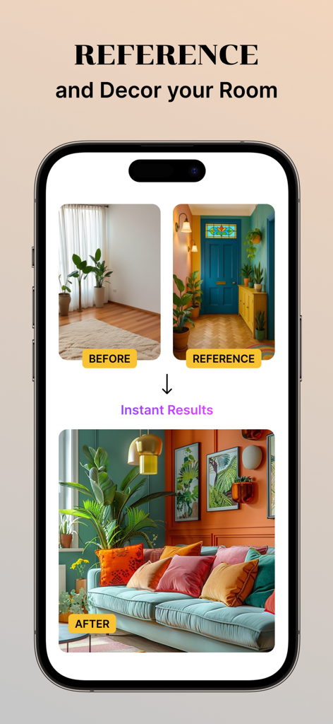 AI Home Decor: Interior Design - Captura de pantalla de una aplicación móvil que muestra una habitación rediseñada de antes y después usando una imagen de referencia de IA