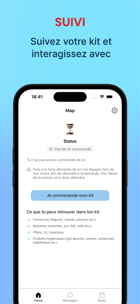 Delivraide - Mobile app interface showing a food kit tracking screen with a button to place an order