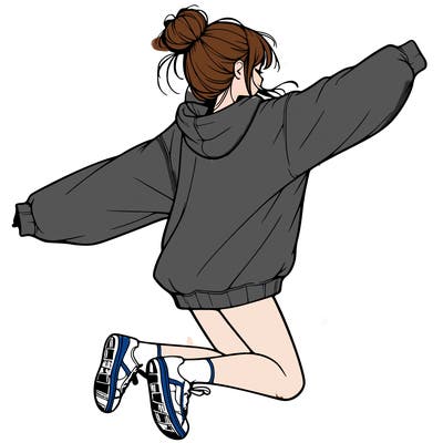 realistic girl jumping with a bun and oversized sweatshirt