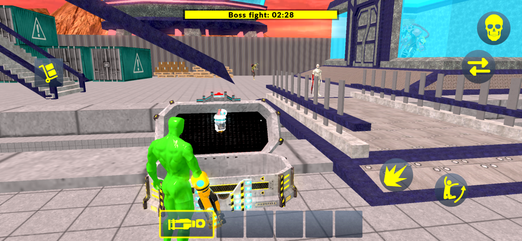 Green Sandbox - Green character in a 3D sandbox world during a boss fight.