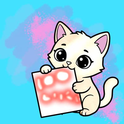 a small cat with a blank sheet of paper in its hand. the cat is sooooooo cute!