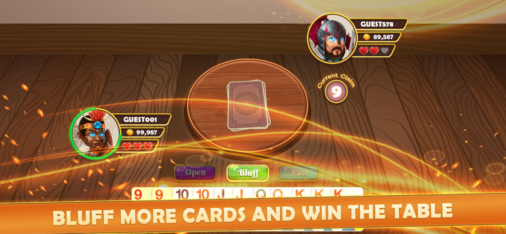 Gameplay screenshot of Bluff Multiplayer card game showing player hand and table