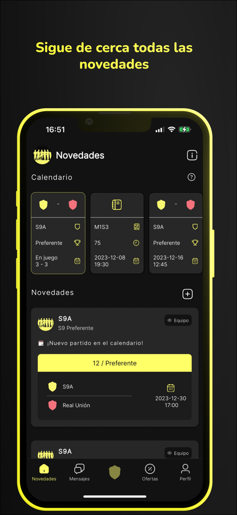 Painel do aplicativo de futebol Teamtag mostrando um calendário de partidas e atualizações da equipe.