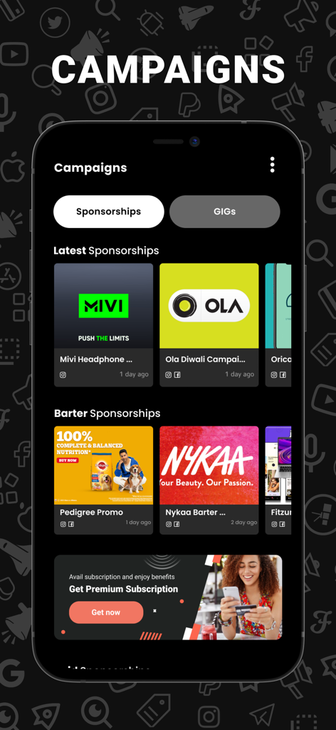 Flytant - Flytant app interface showing various influencer sponsorship campaigns and brand deals