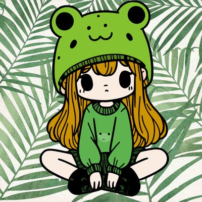 a girl wearing a frog hat and some frog socks