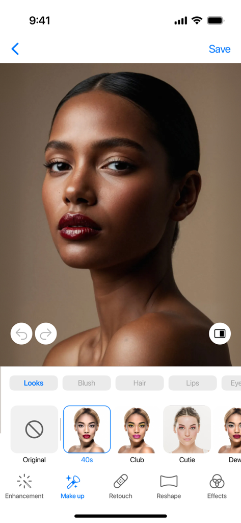 Faceon: Photo Editor & Effects - A woman's portrait being edited in the Faceon app using the makeup looks feature with various aesthetic filters.