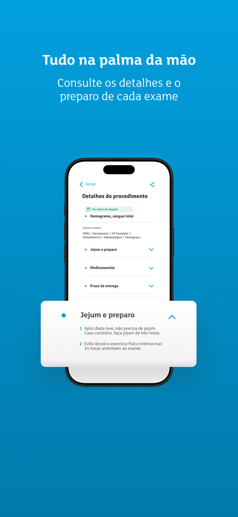 Labs a+ - Interfaz de la aplicación Labs a plus que muestra la preparación de pruebas médicas y los detalles de ayuno