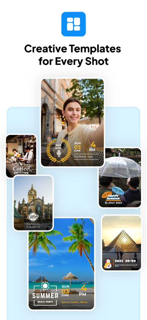 A collection of photos showing creative templates for GPS geotags and timestamps
