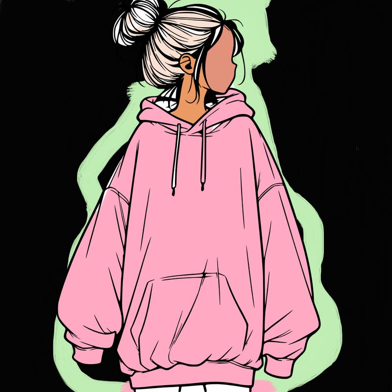 realistic girl with a oversized sweatshirt on and a bun