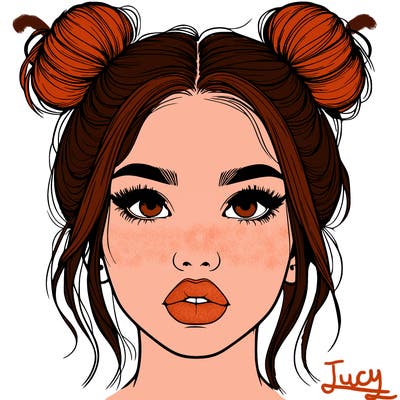 realistic girl with two buns on her hair and lips
