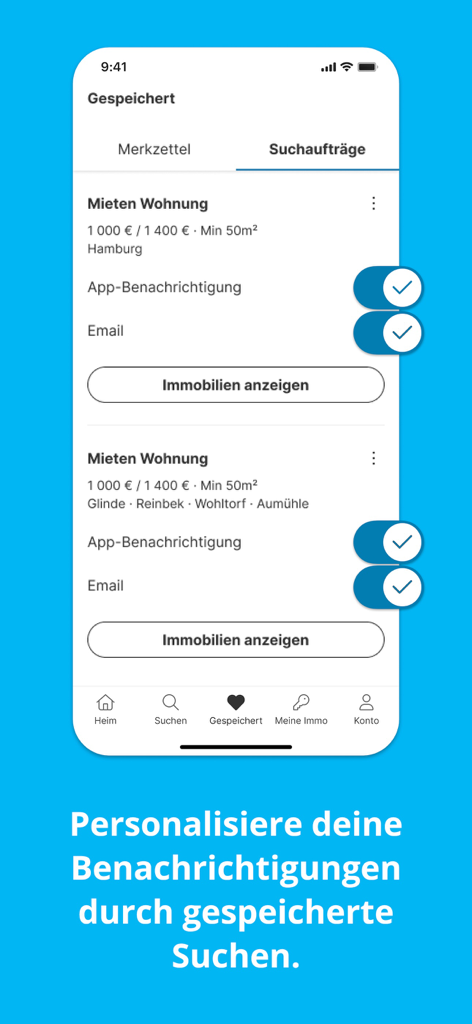 immonet Immobilien Suche - Interface de l'application Immonet affichant les recherches de propriétés enregistrées et les paramètres d'alerte de notification