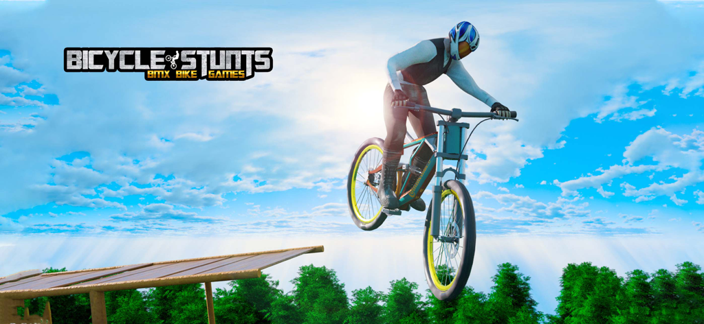 Bicycle Stunts: BMX Bike Games - A BMX rider performing a high jump stunt from a ramp against a blue sky