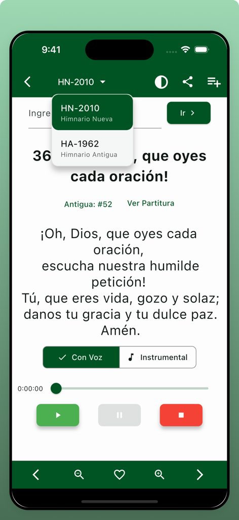 Himnario Adventista 7mo Día - Interface of the Himnario Adventista app showing hymn lyrics with audio playback controls and hymnal version selection menu