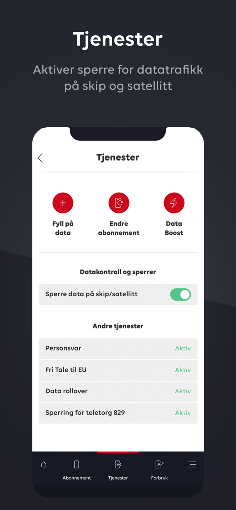The services screen of the Ditt Phonero app displaying options for data refills, subscription changes, and data boost management.