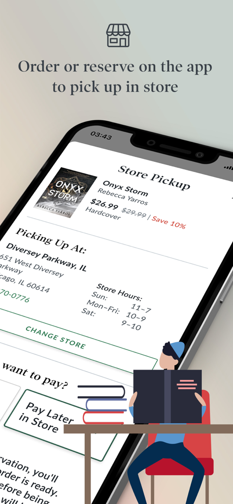 Barnes and Noble mobile app showing the store pickup and reservation feature for a book order
