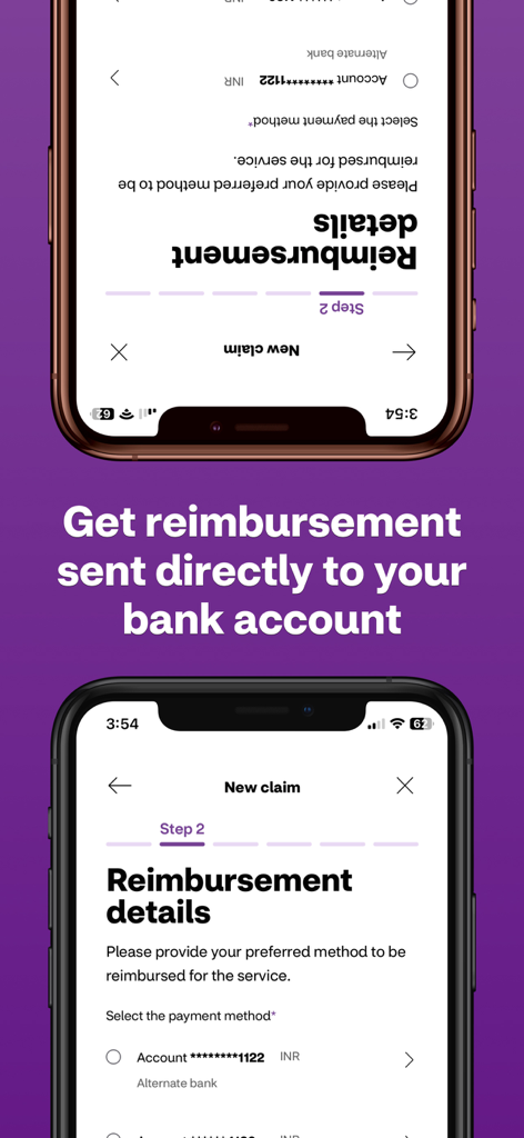 Aetna International mobile app showing the reimbursement details screen for direct bank account payments
