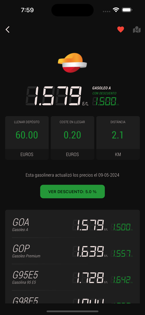 Detailed view of fuel prices and costs at a specific station in Gasolineras de España app dark mode