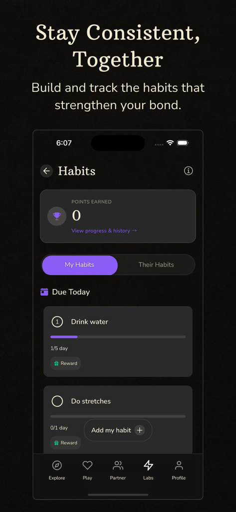 BeMoreKinky: For Kinky Couples - BeMoreKinky app habit tracking screen for couples showing progress on daily habits and points earned