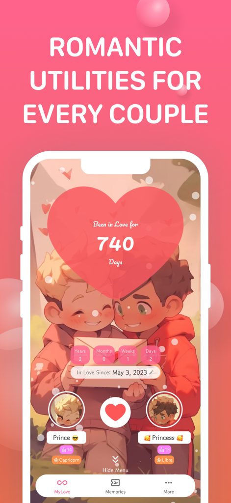 Love Days Counter : MyLove - MyLove app interface showing a relationship day counter and personalized couple avatars